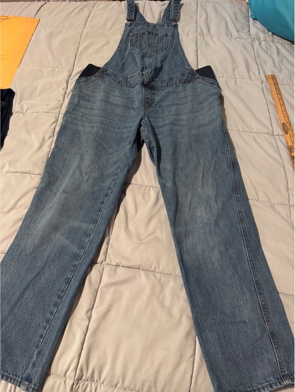 Maternity Denim Overalls Women’s Slouchy Fit Medium Wash Stretch Side Panels
